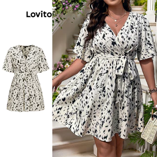 Lovito Plus Size Vestido Feminino Casual de Oncinha Cruzado com Cintura Elástica LBL09008