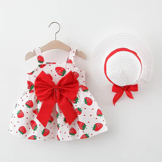 Vestido De Bebê Menina Fofinho Morango Impresso Princesa Vermelho Moda Infantil De Um Ano