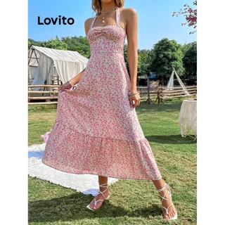 Lovito Vestido elegante Ditsy floral plissado com babados na bainha para mulheres LNL75335