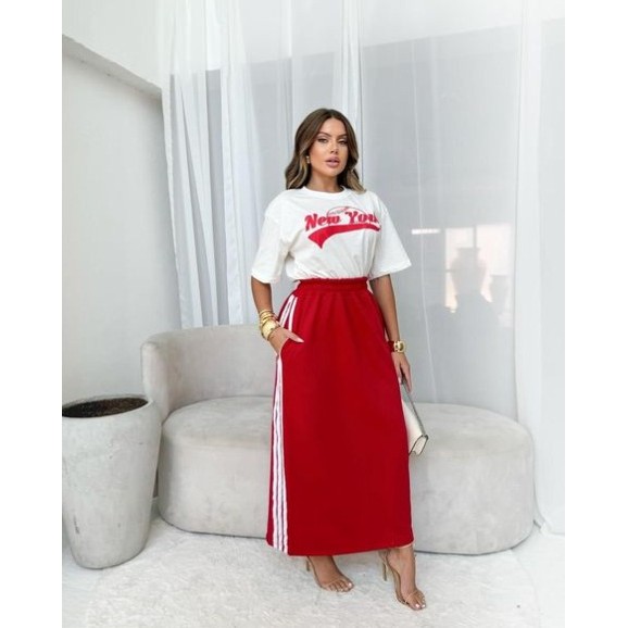 Conjunto Moletom Feminino Saia Midi Moletinho Conjunto Saia Em Moletom  Listra Lateral E T-Shirt Silkada Shopee - Main Image