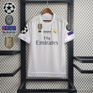 Retro 2015-16 Real Madrid Estações Camisa Branca Camiseta de Manga Curta Campeão Camiseta Em Casa