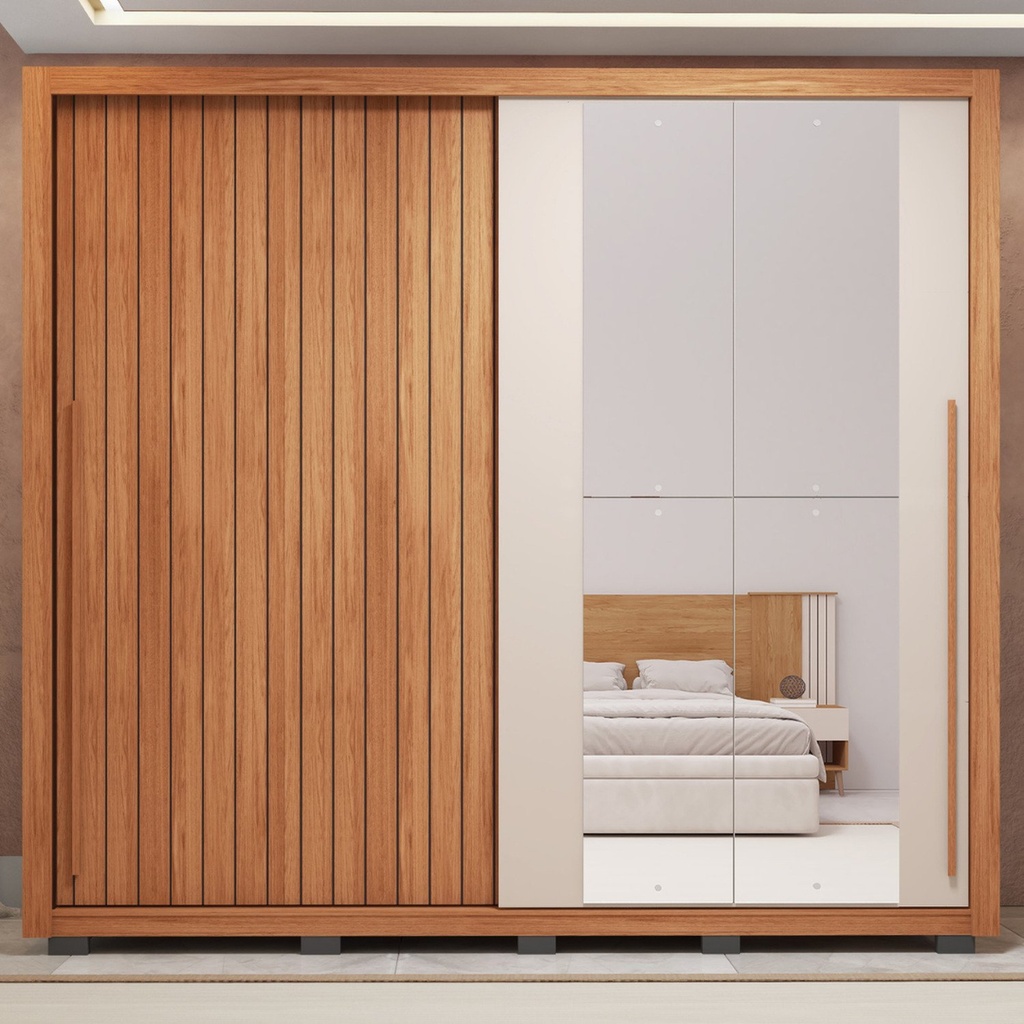Guarda-roupa Casal Ripado com Espelhos 2 Portas e 4 Gavetas Suburban Espresso Móveis Freijó/Off White
