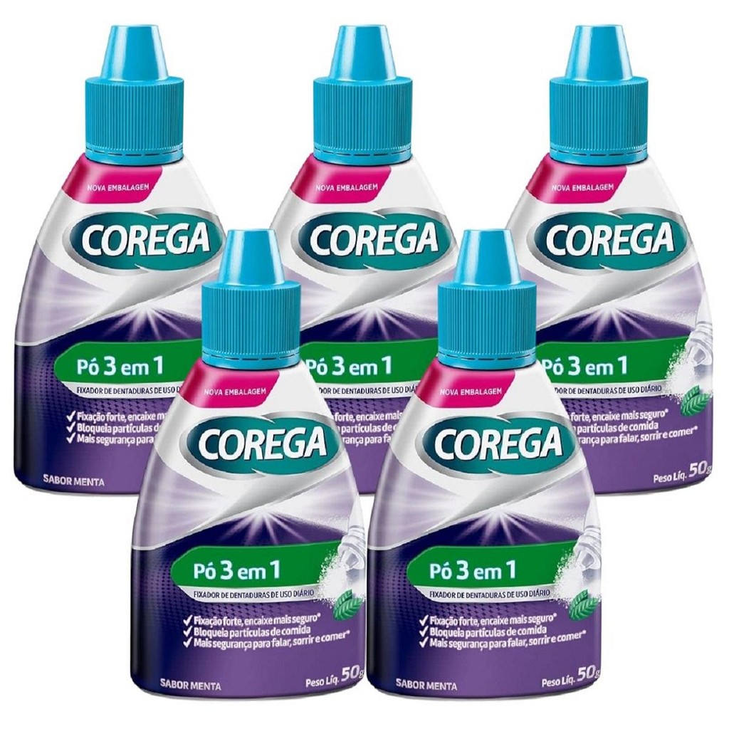 Kit Corega Fixador Dentadura Em Pó Com 5 Uni De 50g Cada | Shopee Brasil