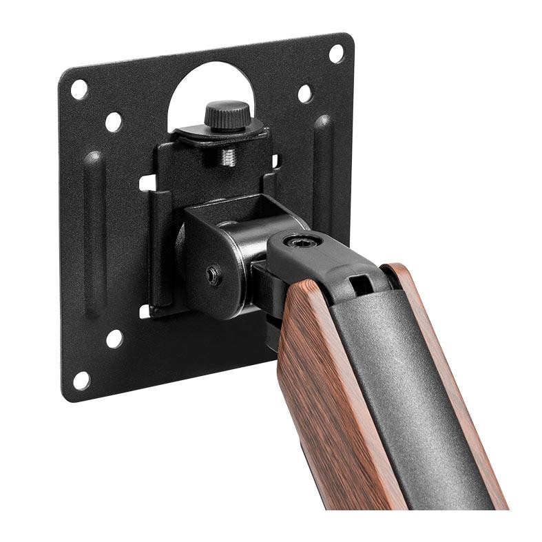 Close-up do ponto de fixação da placa VESA do suporte Zinnia Rust 100, mostrando o ajuste de ângulo e os detalhes da articulação do braço.