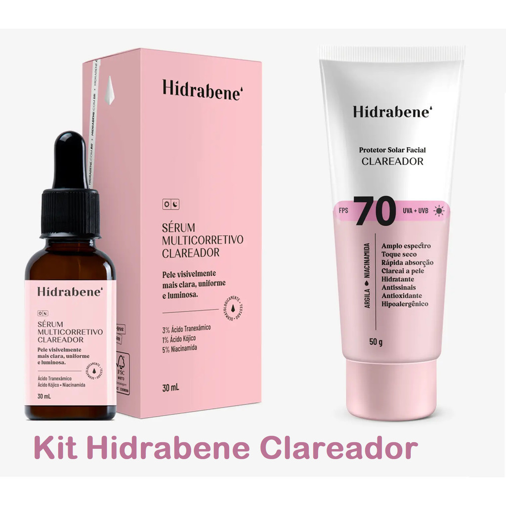 Kit Clareador de Manchas Faciais Hidrabene 1 Protetor Solar Facial 70 Clareador Hidrabene + 1 Sérum Clareador Hidrabene