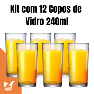 Conjunto 12 Unidades Copos de Vidro Resistentes Londres 240ml Para Servir Suco Refrigerante Água Top