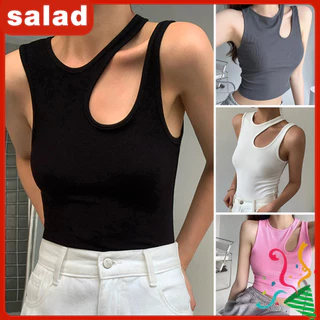 [SA] Summer Sexy Vest Women Irregular Hollow Ribbed Camisole O-Neck Sleeveless Slim Fit Tank Tops Cor Sólida Cinta