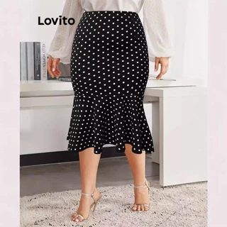 Lovito Saia plus size curva elegante com bolinhas e babados para mulheres LNL75425