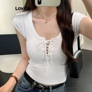 Lovito Camiseta feminina casual com gravata lisa na frente LNM75367