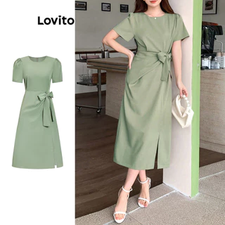 Lovito Vestido casual simples com laço frontal e fenda para mulheres L100MD209