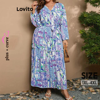 Lovito Vestido feminino plus size curvo casual com estampa tribal e gravata frontal LNL74273