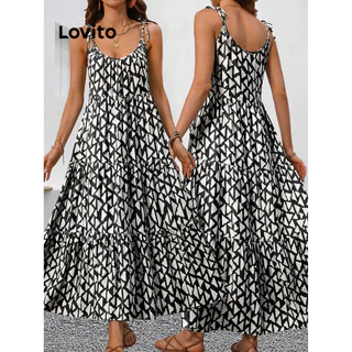 Lovito Vestido Boho Geométrico Ruffle Camada Camada para Mulheres LBL16272