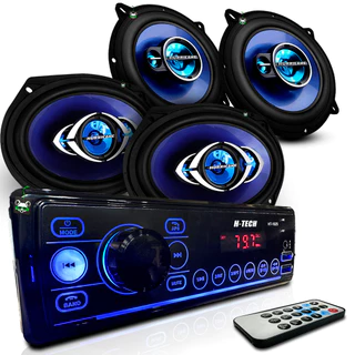 Kit Rádio Mp3 Som Automotivo + Par Alto Falante Triaxial 5 Pol 100w + Quadriaxial 6x9 Pol180w