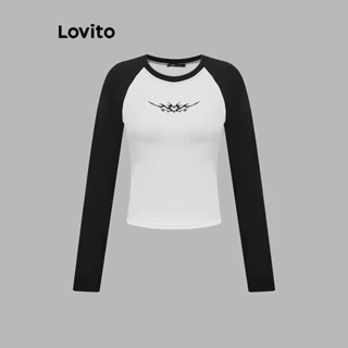 Lovito Camiseta casual patchwork colorblock com estampa para mulheres L102AD149