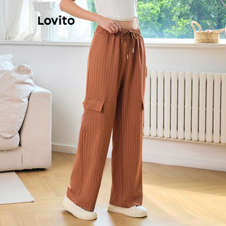 Lovito Calças casuais listradas com cordão e bolso para mulheres L102AD245
