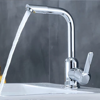 Torneira de Banheiro em Aço Inox com Saída em L Cromado e Jato de Água Rotativo 360°, Ajustável para Água para Cima ou para Baixo, Monocomando para Água Quente e Fria, Acompanha Mangueiras de 60cm água