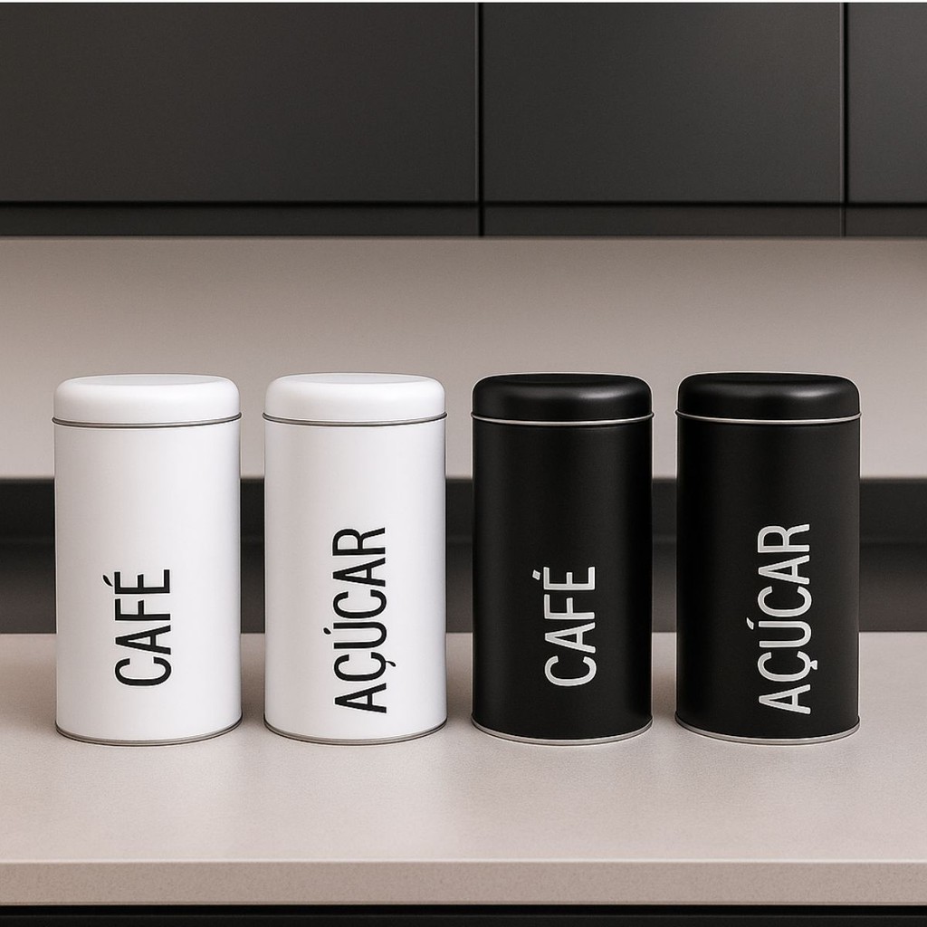 Kit 2 Potes de Metal para Café e Açúcar com Tampa Encaixe, Cor