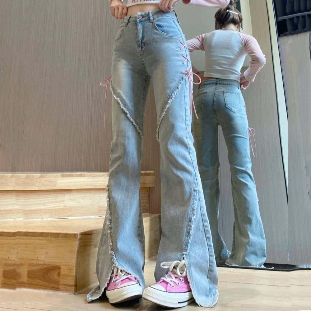 LACYES Y2k Bow Denim Jeans , Renda Amarrada Perna Larga Mulheres