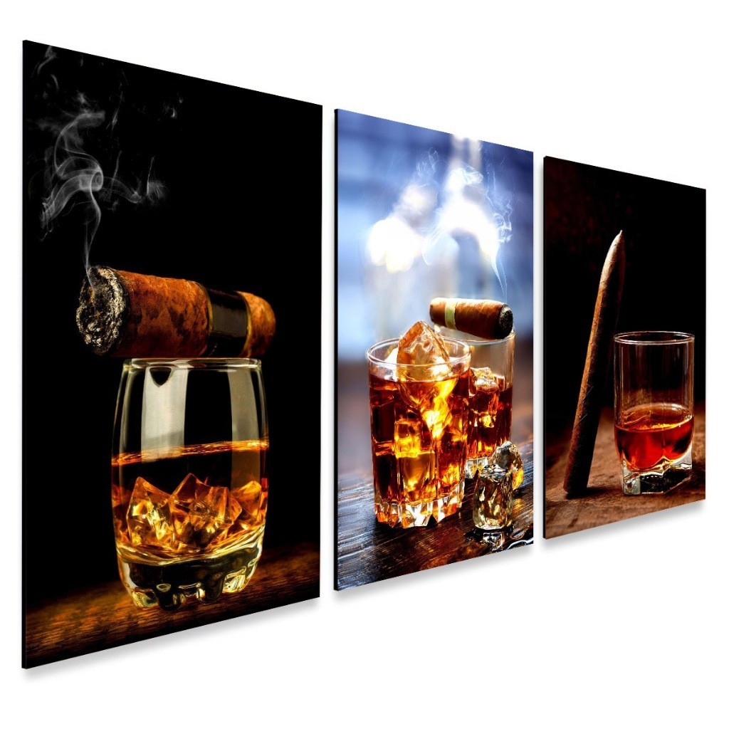 Kit 3 Quadros Decorativos Arte Morderna Whisky e Charuto