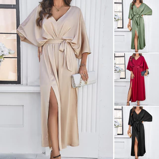 Diyun transfronteiriça Amazon europeu e americano roupas femininas primavera e verão 2024 temperamento de comércio exterior elegante de cintura alta com decote em V vestido solto