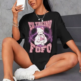 Camiseta Treino Oversized Feminina Street Eu Treino Fofo Academia Camisa Gymrat 100% Algodão