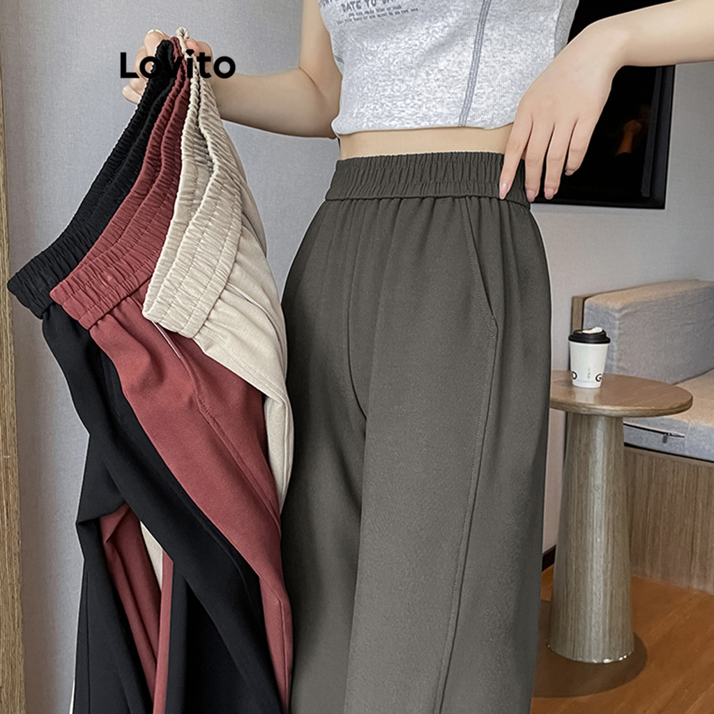 Lovito Calças plissadas lisas casuais para mulheres LNE65212