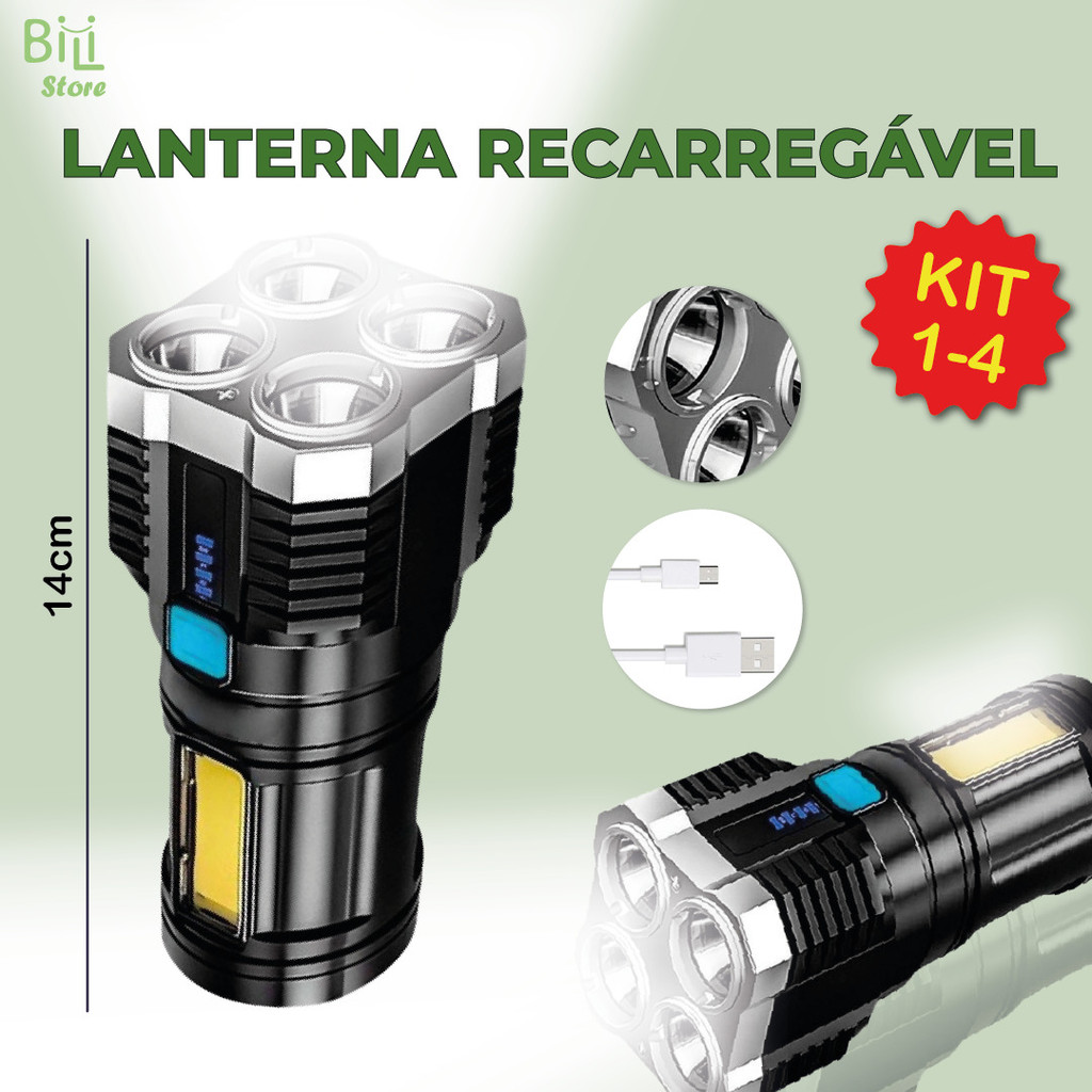 Kit 4 Super Lanterna Led Portátil Recarregável USB Resistente a água com Luz lateral c/ 4 LEDS
