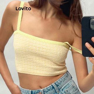 Lovito Casual Xadrez Ruffle Neck Tank Top para mulheres L99ED878