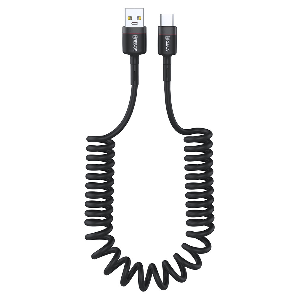 Cabo Espiral Usb 3.0 Hrebos Hs-138 Usb Typo-c Com 1 Metro Cor Preto Com Detalhes Coloridos