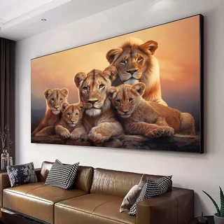 Quadro Decorativo 110x80cm Família de Leões com 3 Filhotes Hall da Luxo Sala Quarto Casa Decoração De Parede Mdf Adesivo