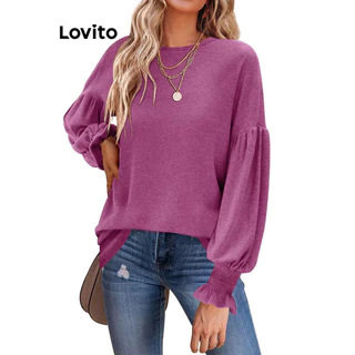Lovito Camiseta casual lisa com bata para mulheres LNL73040