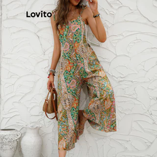 Lovito Macacão de tecido com estampa tribal boho e costura para mulheres LBL17623