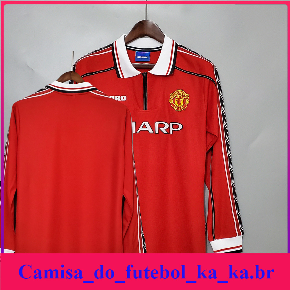 1998/99 MU Casa Retro Vermelho Futebol Camisa de Manga Longa Masculina T-Shirt de Alta Qualidade