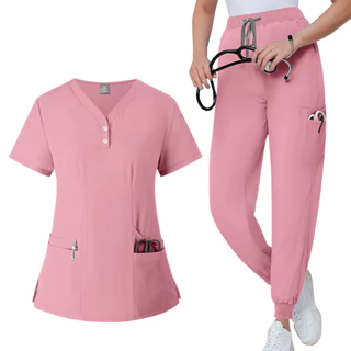 [Camisa + Calças] Summer Thin V-neck Elastic Quick-Drying Scrub Suit Doctor Surgery Clothes Brush Hand Nurses