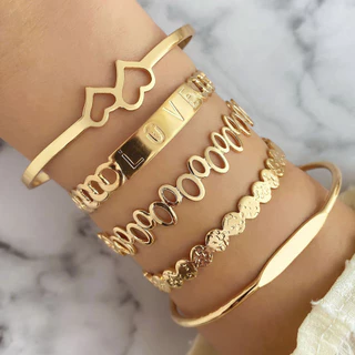 Conjunto de 5 Peças de Jóias de Casal: LOVE Letter Hollow Bracelet Coração Duplo Pulseira de Amor