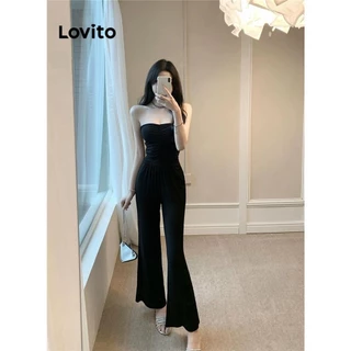 Lovito Macacão casual liso franzido para mulheres LNA72309
