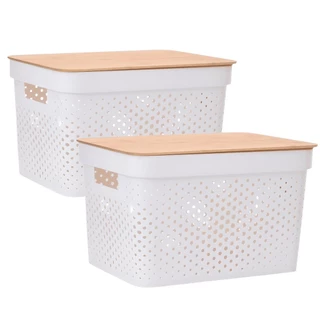 Kit 2 Caixas Cesto Organizador com Tampa de Bambu 12 litros 35x26x22CM