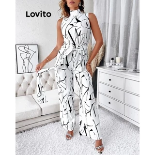 Lovito Macacão casual com cinto geométrico para mulheres LNL75340