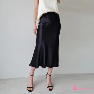Silhouette1-Saias De Moda Feminina Saia De Cintura Alta Cor Sólida Longa De Cetim