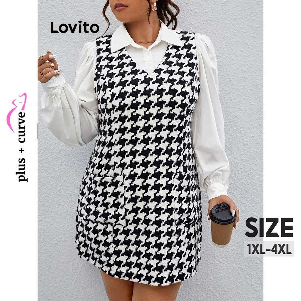 Lovito Plus Size Curve Elegante Houndstooth Falso 2 em 1 Vestido de costura de tecido para mulheres LBL14377