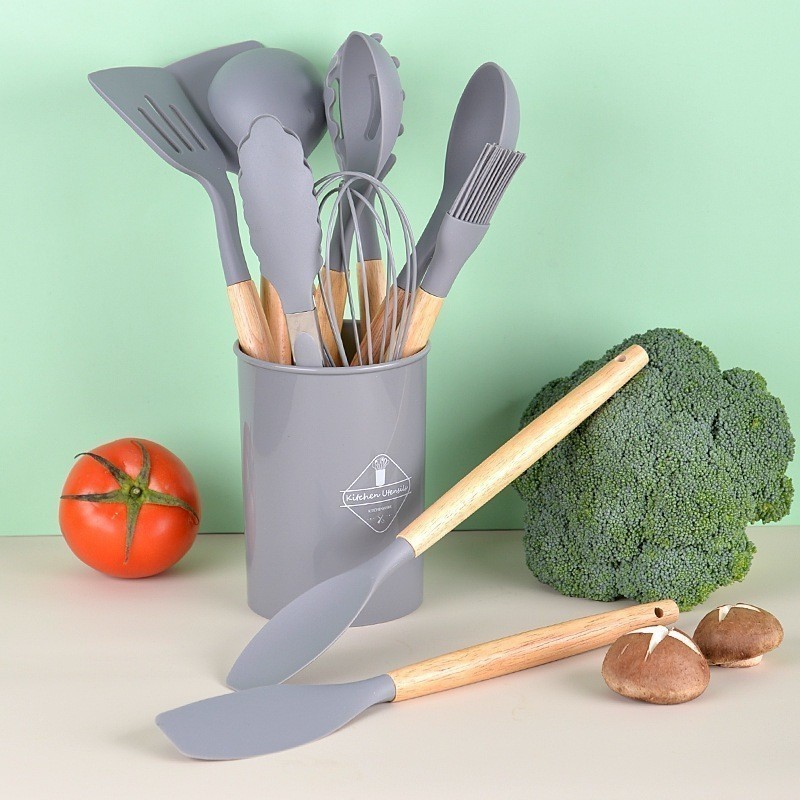 Kit Jogo Utensílios Colheres Silicone Madeira 12 Peças