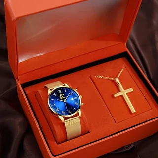 2PCS Set Fashion Mens Calendário Relógios De Moda Homem Luxo Negócios Ouro De Aço Inoxidável Cinto De Malha De Quartzo Relógio Colar De Pulso Masculino