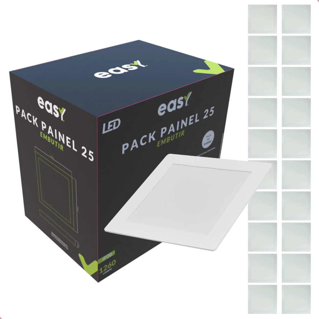 Kit 20 Painel Led Embutir 25w 6500K Quadrado Bivolt - Easy