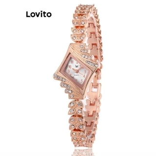 Lovito Elegante relógio geométrico de quartzo com strass liso para mulheres LFA42204