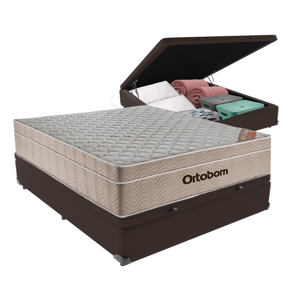 Cama Box Com Baú Casal + Colchão De Molas Ensacadas - Ortobom - AirTech SpringPocket - 138x188x67cm