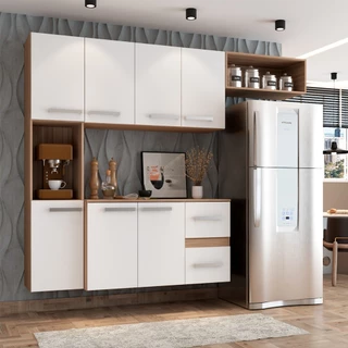 Cozinha Compacta 7 Portas 2 Gavetas Suspensa Armário e Balcão Jéssica Branco/Teka - Panorama Móveis