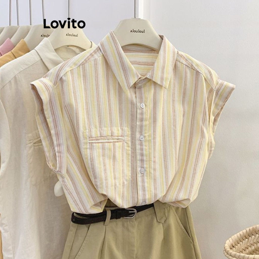 Lovito Blusa geométrica listrada casual para mulheres LNE70089