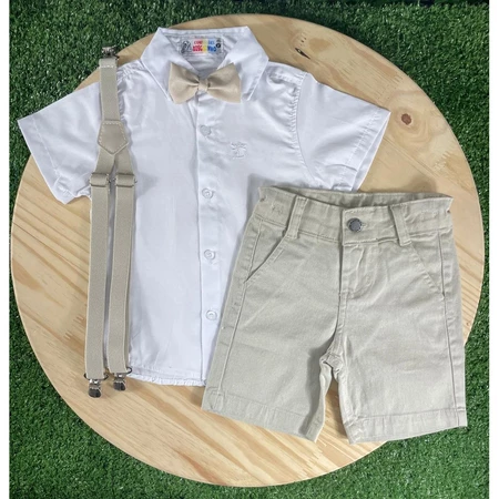 Bermuda nude camisa branca gravata suspensório menino infantil social