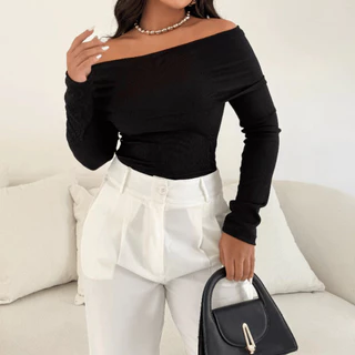 Blusa Feminina Justa Canelada Ombro Caído Ciganinha Chique Ombro a Ombro Outono/Inverno