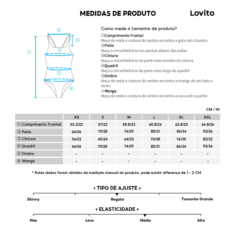 Tabela de medidas do produto com instruções de como medir